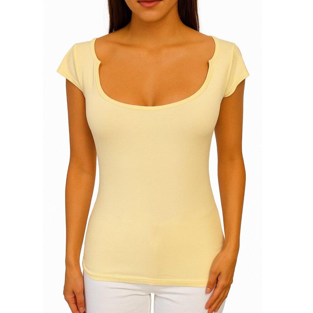 Vintage Y2K Pastel Yellow Top Scoop Neck Casual Minimalist T Shirt Cute Sz S
